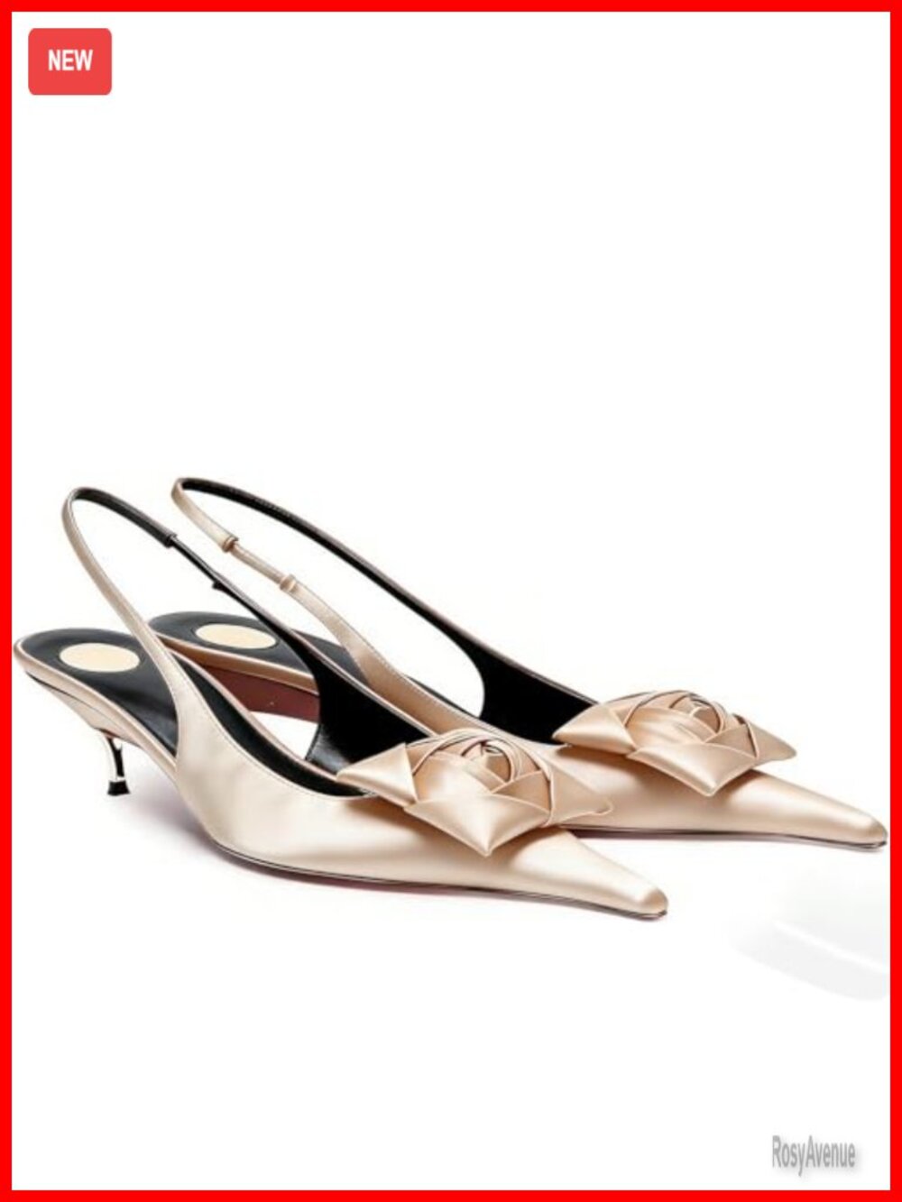 Satin Slingback Kitten Heels Pointed Toe 3D Rose Dress Pumps